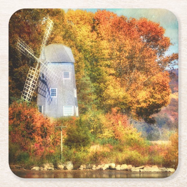 Posavasos Cuadrado De Papel Otoño En El Río (Anverso)