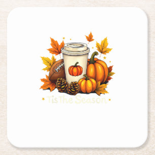 Posavasos Cuadrado De Papel Otoño Fútbol Es La Temporada Calabaza Café Otoñal