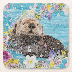 Posavasos Cuadrado De Papel Otter de cuento de hadas en río de flores