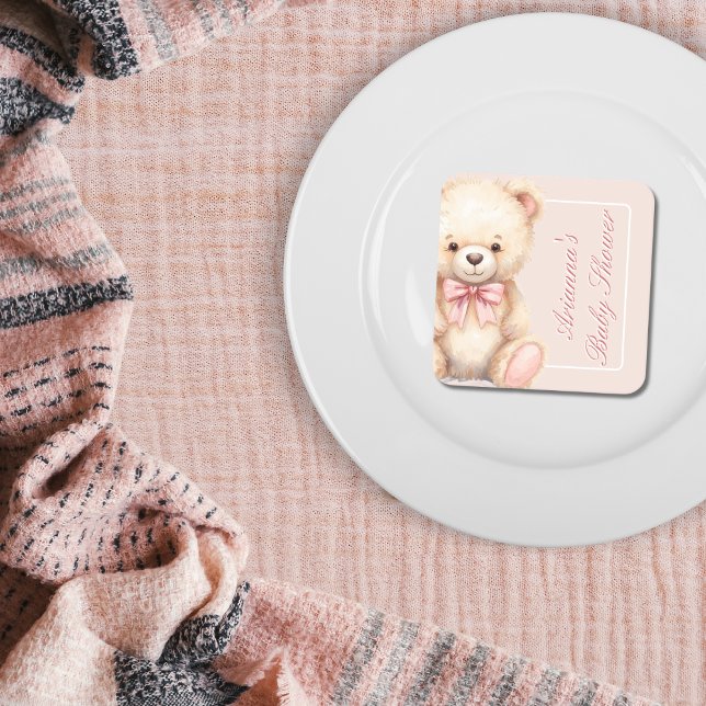 Posavasos Cuadrado De Papel Our Little Bear on the Way Pink Bow Baby Shower (Subido por el creador)