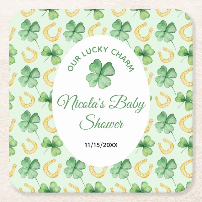 Posavasos Cuadrado De Papel Our Lucky Charm St Patrick's Baby Shower (Anverso)