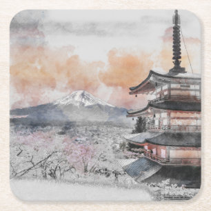 Posavasos Cuadrado De Papel Pagoda Japonesa & Monte Fuji en acuarela
