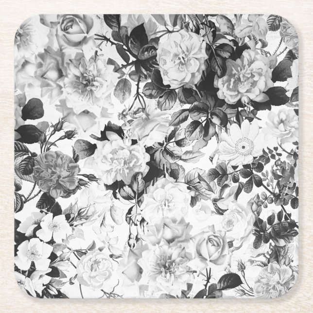 Posavasos Cuadrado De Papel País moderno blanco negro de la acuarela floral (Anverso)