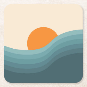 Posavasos Cuadrado De Papel Paisaje abstracto de puesta de sol de estilo retro