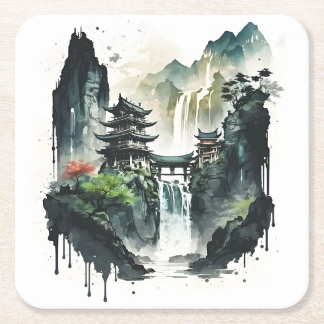 Posavasos Cuadrado De Papel Paisaje antiguo de la tinta china con cascada (Anverso)