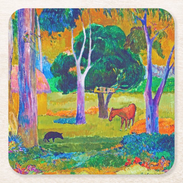 Posavasos Cuadrado De Papel Paisaje con cerdo y caballo, Gauguin (Anverso)