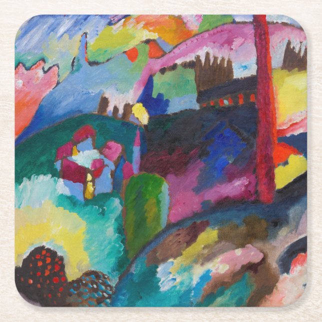 Posavasos Cuadrado De Papel Paisaje con chimenea de fábrica, Wassily Kandinsky (Anverso)