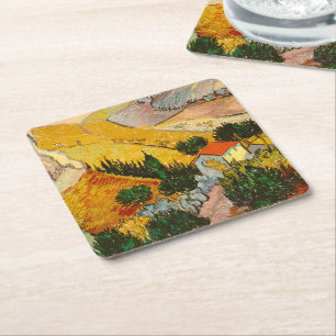 Posavasos Cuadrado De Papel Paisaje con House y PloughmaVincent van Gogh