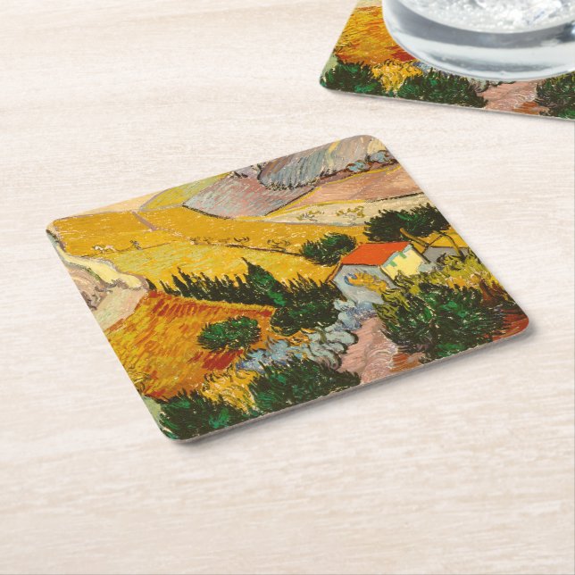 Posavasos Cuadrado De Papel Paisaje con House y PloughmaVincent van Gogh (En perspectiva)