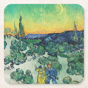 Posavasos Cuadrado De Papel Paisaje con Pareja Caminando y Luna Crescent
