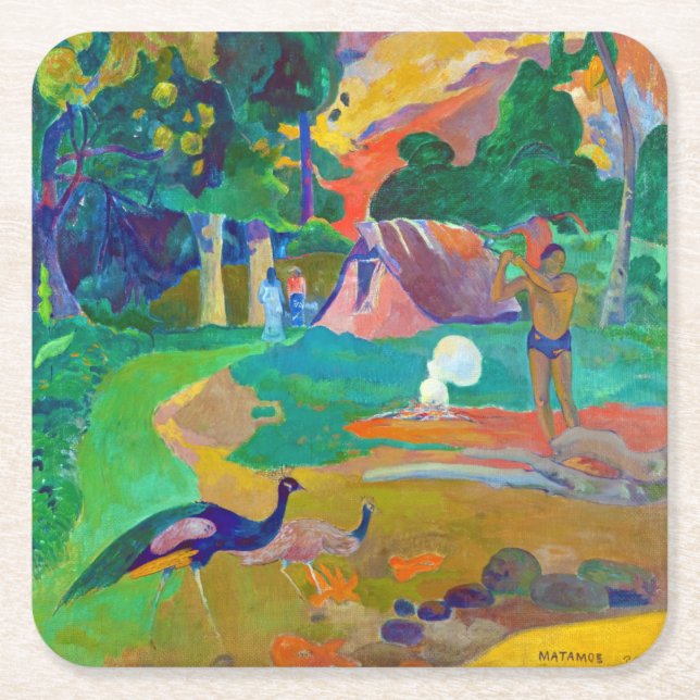 Posavasos Cuadrado De Papel Paisaje con Peacocks, Gauguin (Anverso)