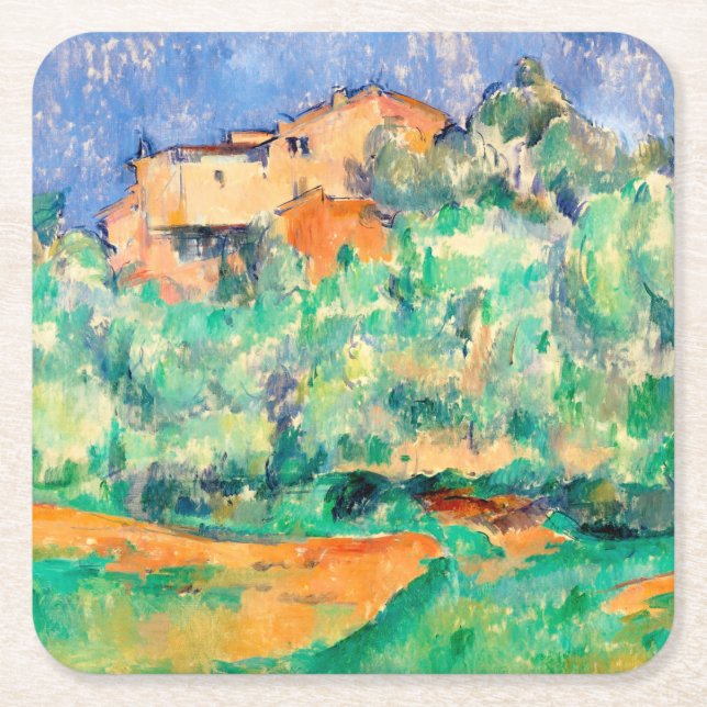 Posavasos Cuadrado De Papel Paisaje con una casa, Cezanne (Anverso)