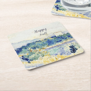 Posavasos Cuadrado De Papel Paisaje de acuarela de otoño con texto personaliza