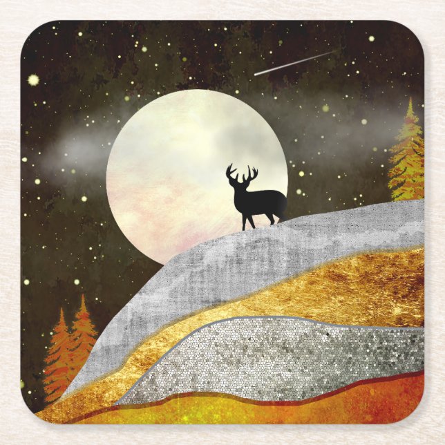 Posavasos Cuadrado De Papel Paisaje de Deer Moon (Anverso)