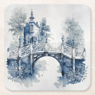 Posavasos Cuadrado De Papel Paisaje de estilo Delft azul y blanco