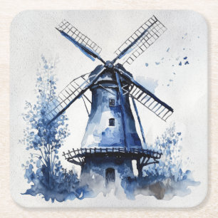 Posavasos Cuadrado De Papel Paisaje de estilo Delft azul y blanco con molino d