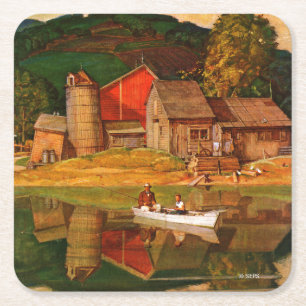 Posavasos Cuadrado De Papel Paisaje de la charca de la granja por la aguamiel