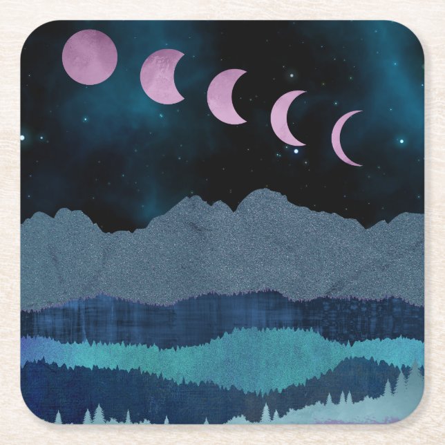 Posavasos Cuadrado De Papel Paisaje de las fases rosadas de la luna (Anverso)