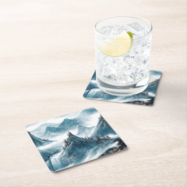 Posavasos Cuadrado De Papel Paisaje de montaña Chinoiserie Blue Classic (In situ)