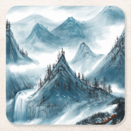 Posavasos Cuadrado De Papel Paisaje de montaña Chinoiserie Blue Classic