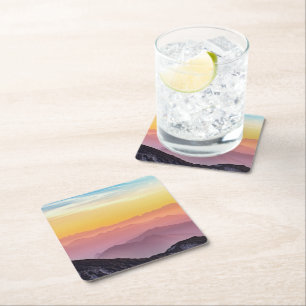 Posavasos Cuadrado De Papel Paisaje de montaña en Sunset   