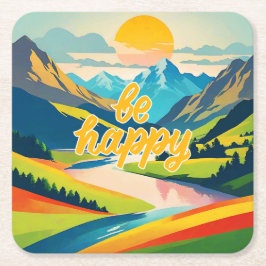 Posavasos Cuadrado De Papel Paisaje de montaña Retro