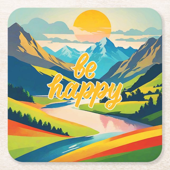 Posavasos Cuadrado De Papel Paisaje de montaña Retro (Anverso)