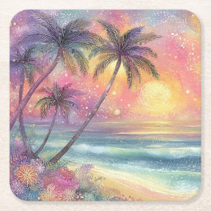 Posavasos Cuadrado De Papel Paisaje de playa tropical soñador