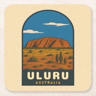 Posavasos Cuadrado De Papel Paisaje de viaje retro vintage Uluru Australia