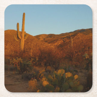 Posavasos Cuadrado De Papel Paisaje del desierto de Saguaro Sunset I Arizona