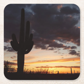 Posavasos Cuadrado De Papel Paisaje del desierto Saguaro Sunset III Arizona