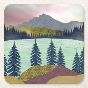 Posavasos Cuadrado De Papel Paisaje del lago Red Sky
