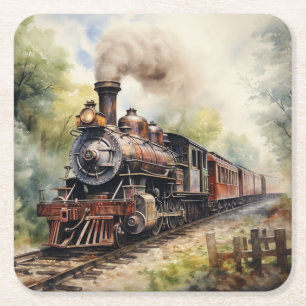 Posavasos Cuadrado De Papel Paisaje escénico de un tren victoriano