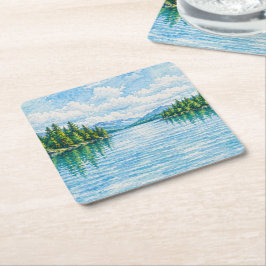 Posavasos Cuadrado De Papel Paisaje forestal del lago de montaña