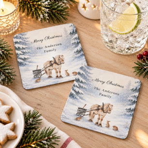 Posavasos Cuadrado De Papel Paisaje invernal Bosque de nieve Fiesta de Navidad