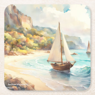 Posavasos Cuadrado De Papel Paisaje marítimo y velero