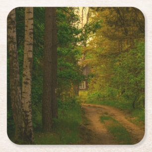 Posavasos Cuadrado De Papel Paisaje natural Paisaje Bosque Hut Village