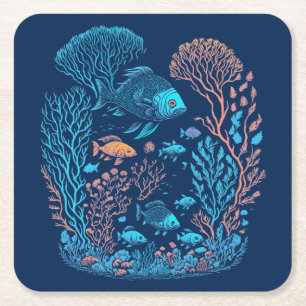 Posavasos Cuadrado De Papel Paisaje submarino peces coloridos y arrecife de co