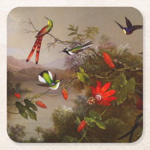 Posavasos Cuadrado De Papel Paisaje tropical con 10 Hummingbirds Heade
