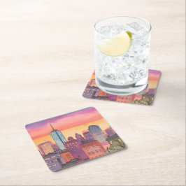 Posavasos Cuadrado De Papel Paisaje urbano de Boston North End acuarela MA
