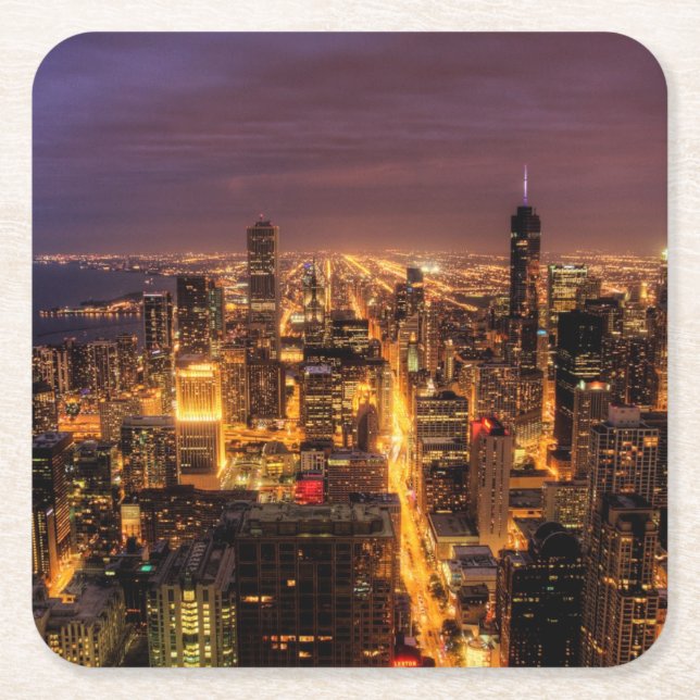 Posavasos Cuadrado De Papel Paisaje urbano de la noche de Chicago (Anverso)