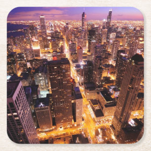 Posavasos Cuadrado De Papel Paisaje urbano en la noche de Chicago