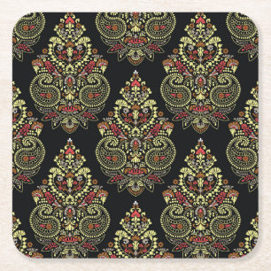 Posavasos Cuadrado De Papel Paisley indio, fondo geométrico negro