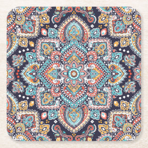 Posavasos Cuadrado De Papel Paisley indio: Patrón de Mandala étnica