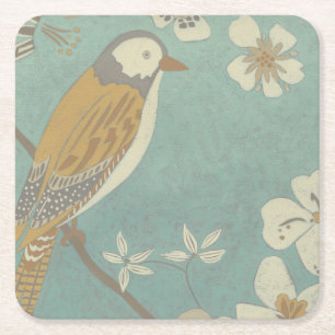 Posavasos Cuadrado De Papel Pájaro amarillo, gris y beige encaramado en una