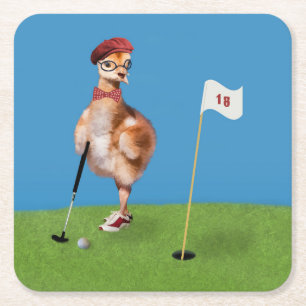 Posavasos Cuadrado De Papel Pájaro chistoso que juega a golf