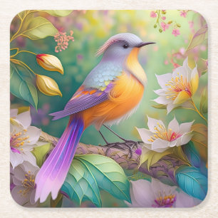 Posavasos Cuadrado De Papel Pájaro de fantasía de cabeza lavanda y pecho naran