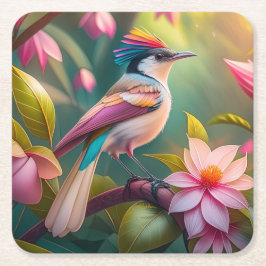 Posavasos Cuadrado De Papel Pájaro de fantasía Jay con cresta de arcoíris