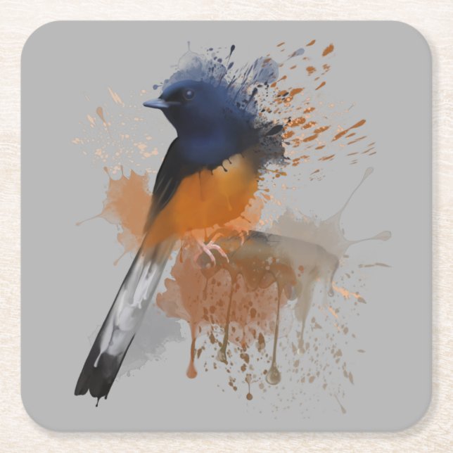 Posavasos Cuadrado De Papel Pájaro de Shama blanco rumado (Anverso)