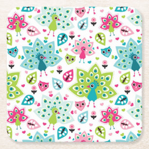 Posavasos Cuadrado De Papel pájaro y búho del pavo real